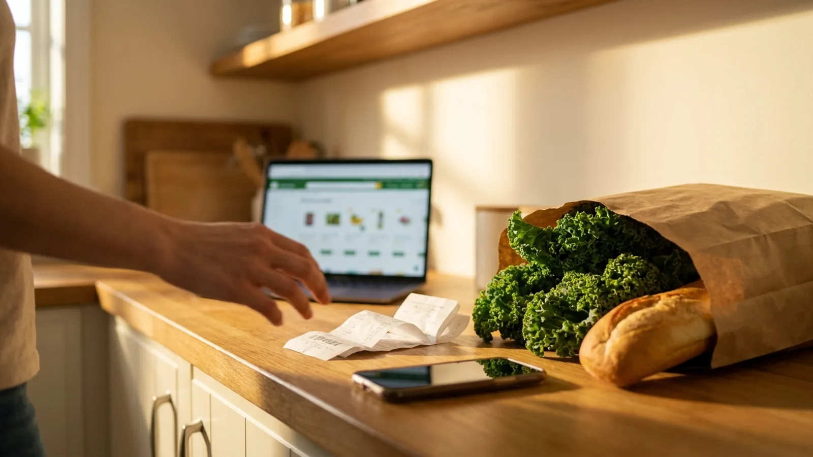 Paper grocery bag with vegetables and a crumpled receipt on the kitchen counter in warm natural light