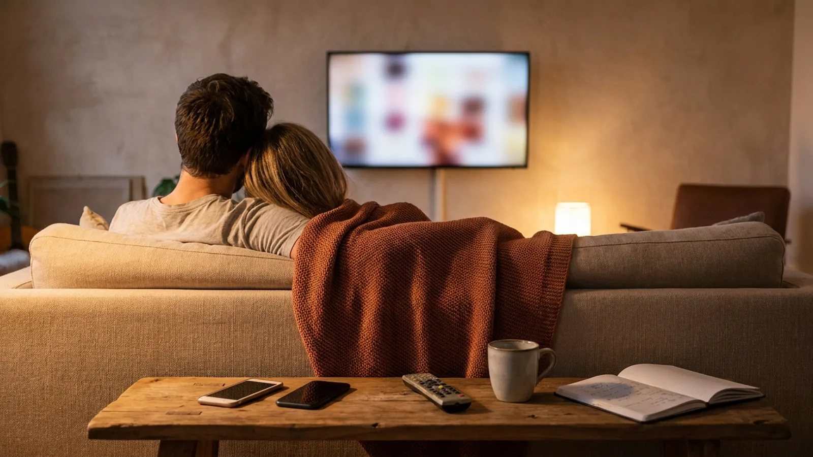 Mando a distancia y smartphone sobre sofá iluminado por la pantalla de un televisor