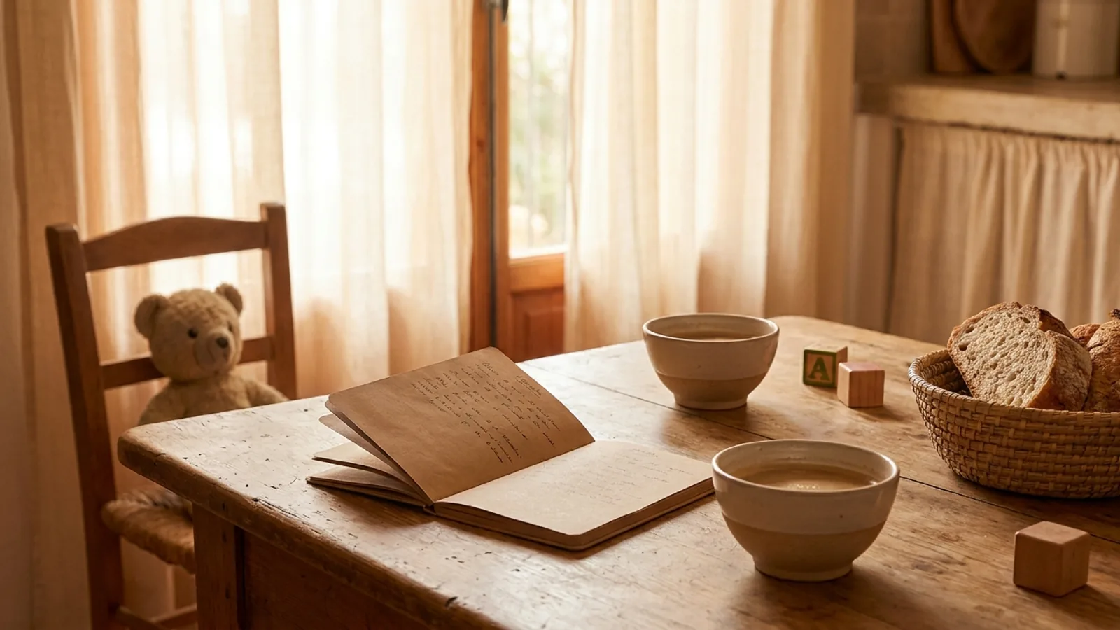 A family kitchen table with two coffee mugs, an open planner and children's toys in the background, in natural morning light