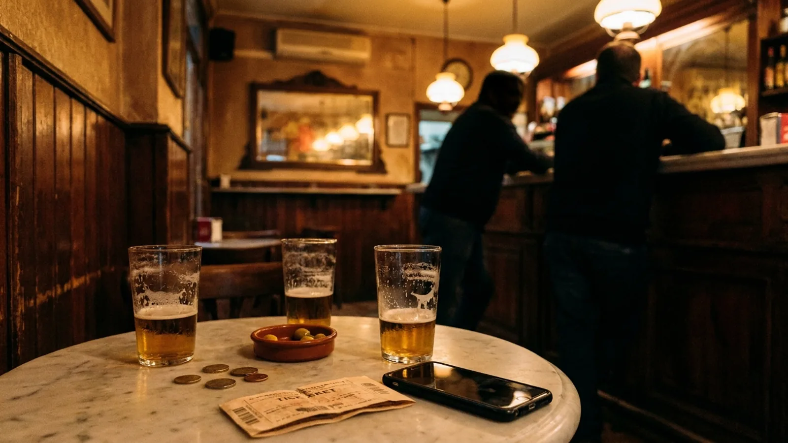 Neighborhood bar table with half-finished draft beers and a small dish of olives