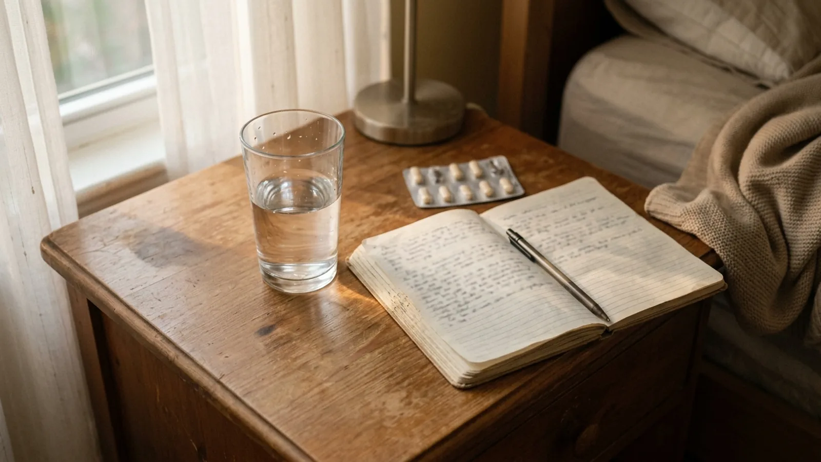 A bedside table with a generic blister pack of pills, a glass of water and an open notebook under soft light