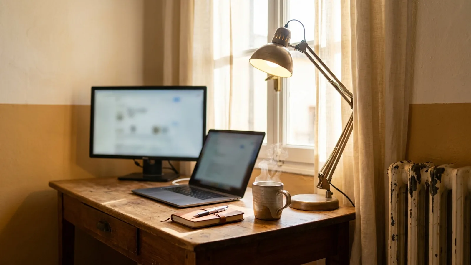 A work-from-home desk in a living room with natural light, a laptop, and a cup of coffee