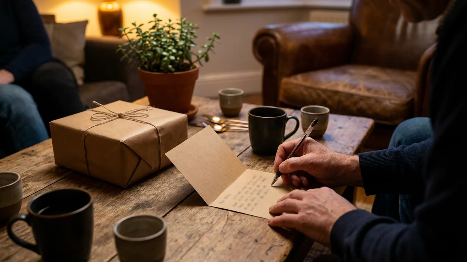 Table with a gift wrapped in kraft paper, a blank birthday card and collective hands signing it in warm light