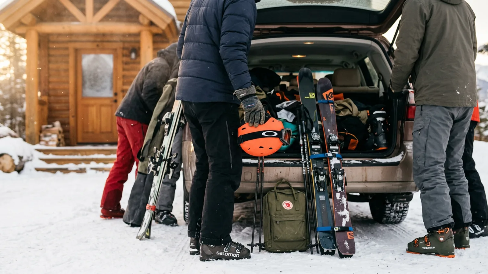 A group of friends preparing ski gear beside a car at the entrance of a mountain apartment.