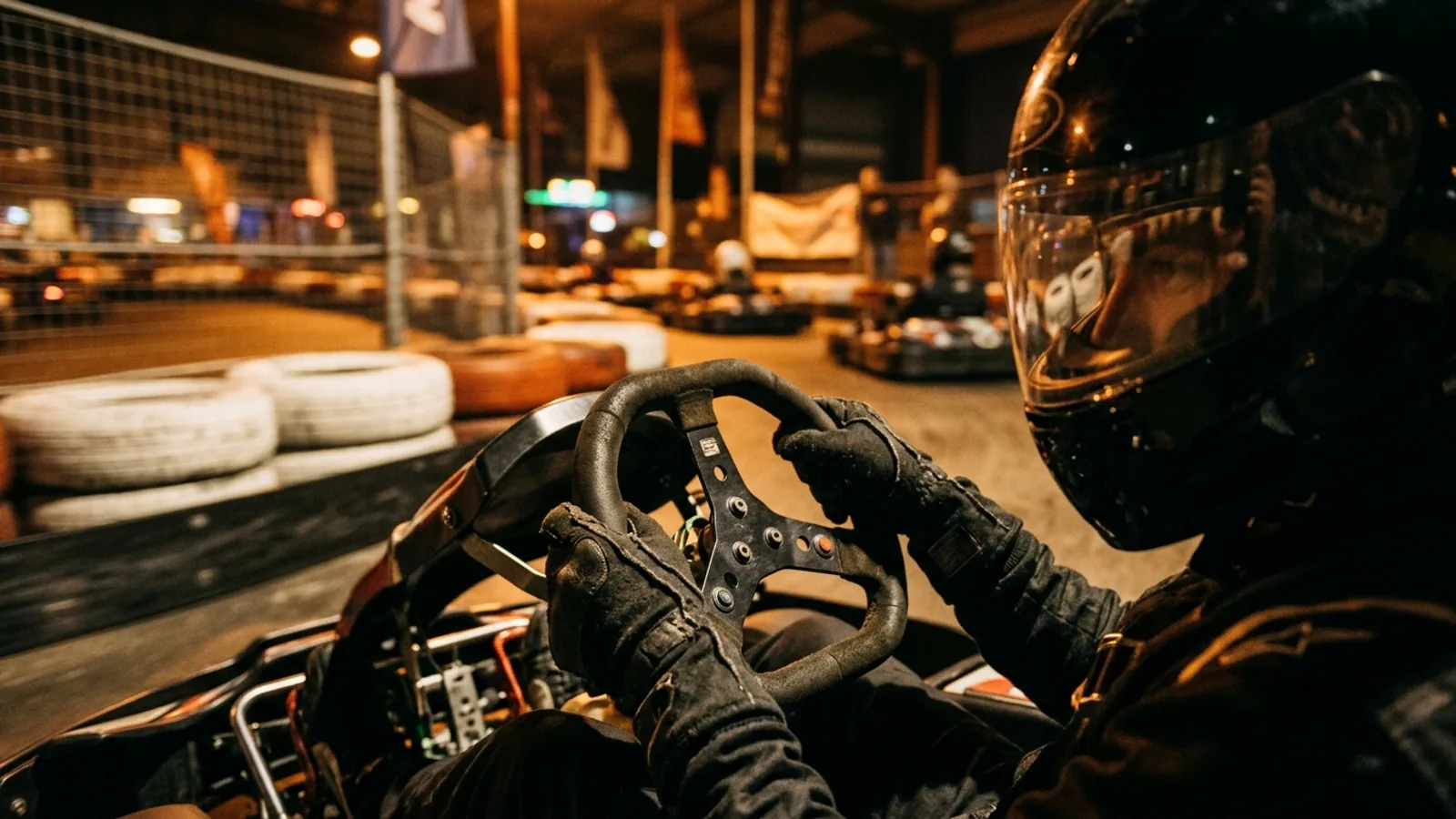 Hands on a karting steering wheel on an indoor track, warm light, selective focus on the gloves.
