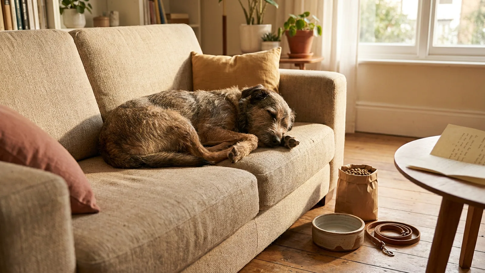 A medium-sized dog resting on a couch next to a bowl and a calendar on the wall