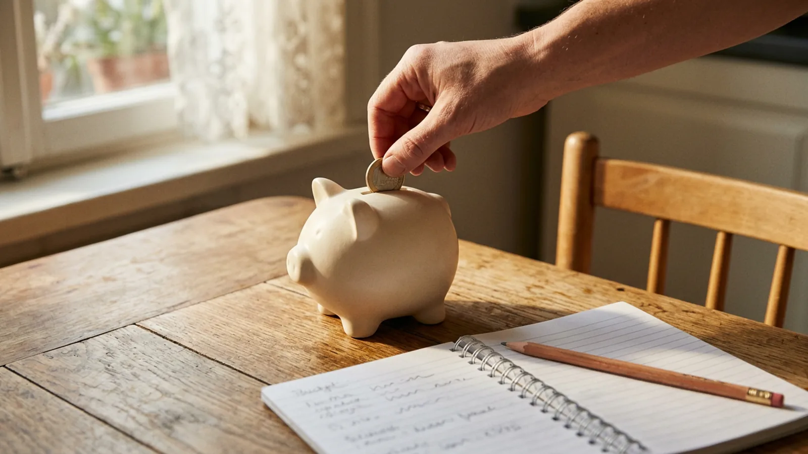 A white ceramic piggy bank on a wooden table next to a notebook and a pencil, warm natural light.