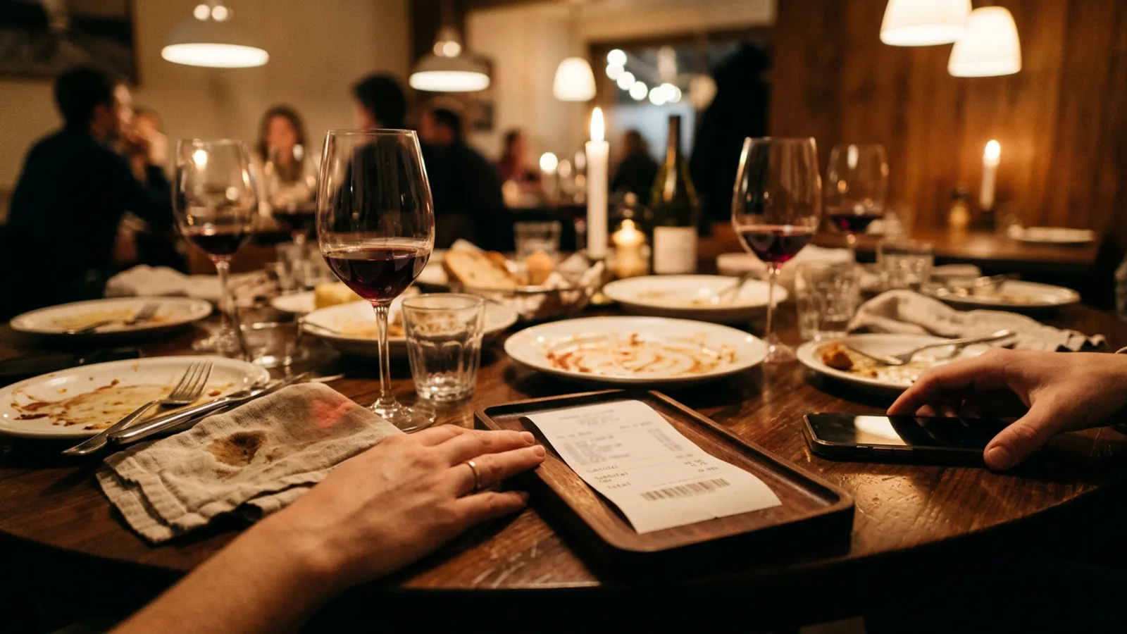 Mesa de restaurante al final de una cena en grupo con platos vacíos y manos sobre la cuenta