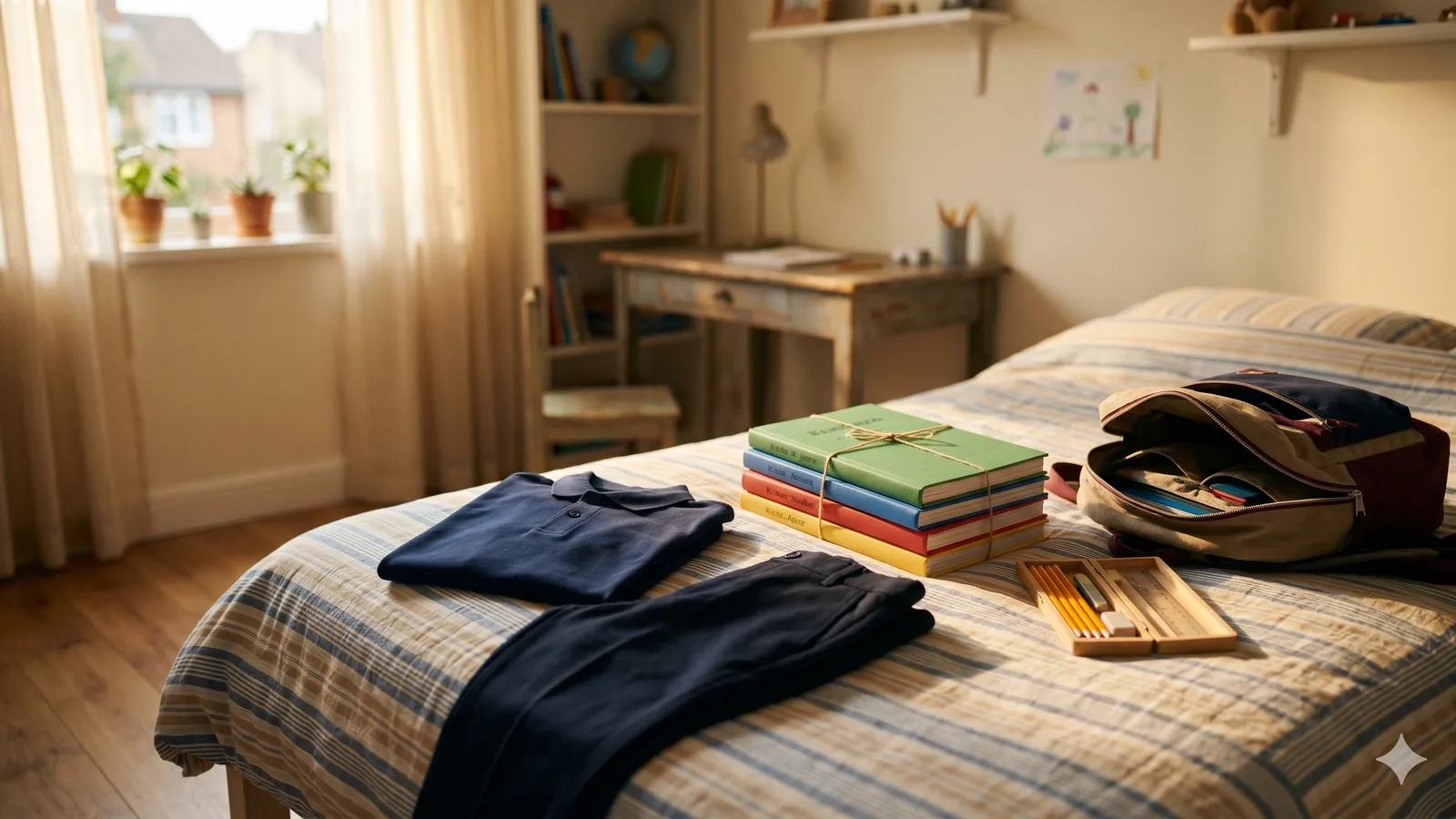 Mochila escolar, libros y uniforme doblado sobre una cama con luz suave de mañana en una habitacion infantil.