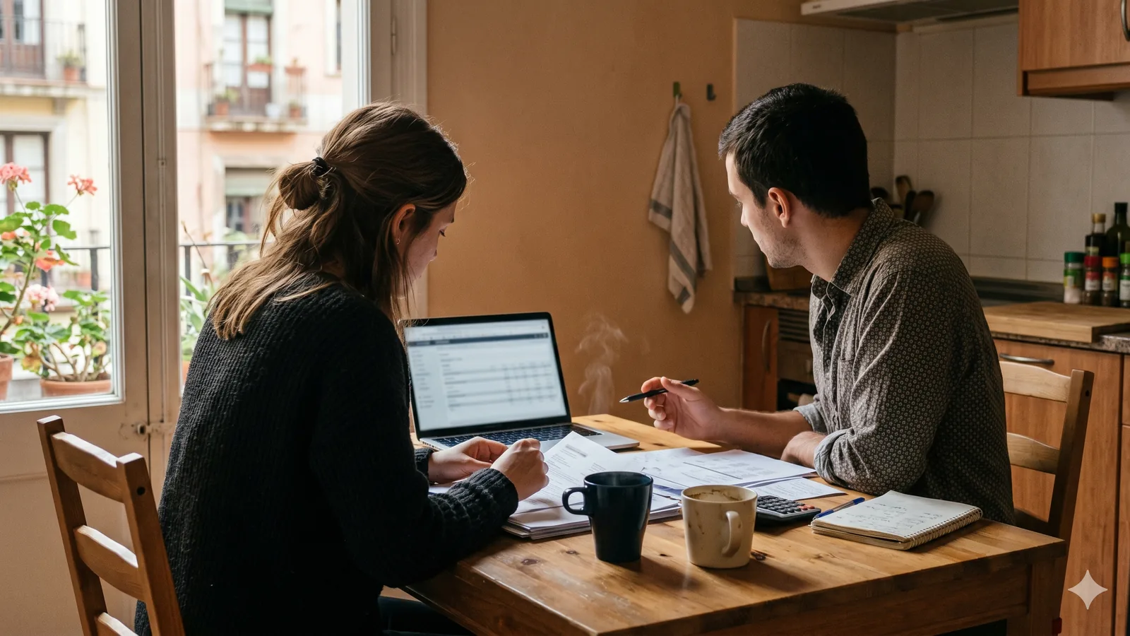 Pareja sentada en la mesa de la cocina revisando facturas y contratos de alquiler con dos tazas de café