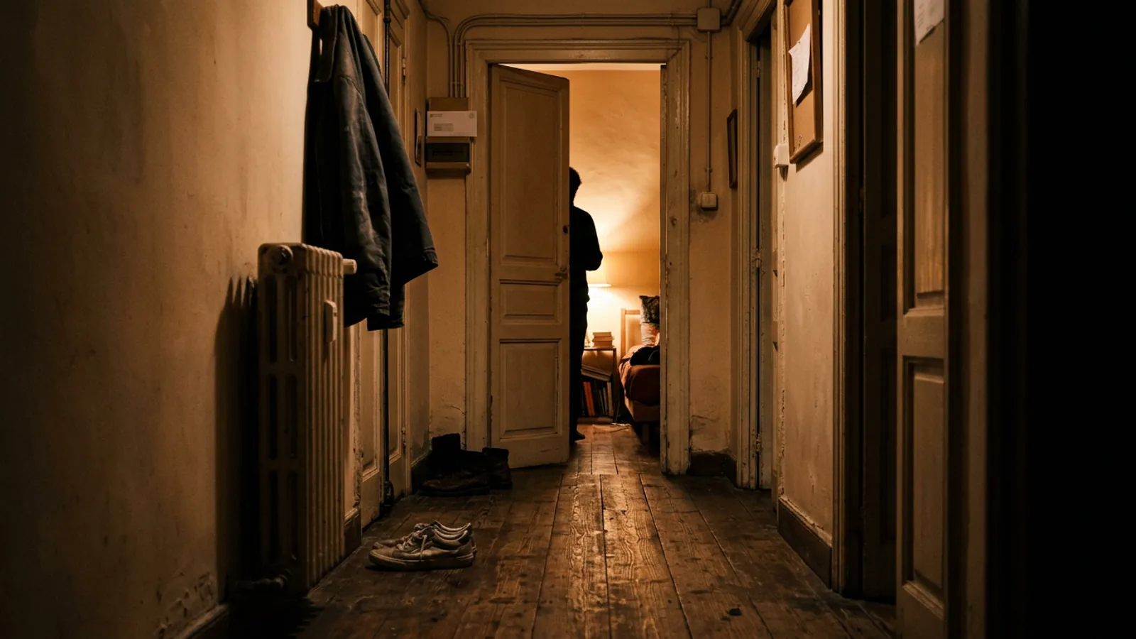 Pasillo de un piso compartido por la noche con la luz tenue de una habitación encendida al fondo.