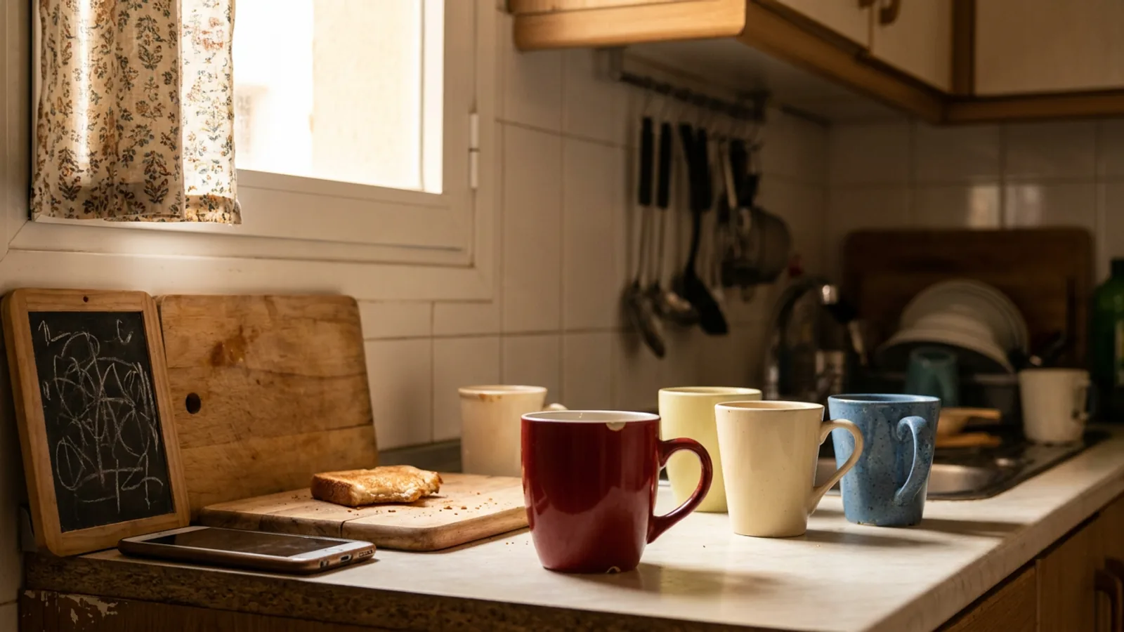 A shared-flat kitchen table with four mismatched coffee mugs, a phone on the table and morning light