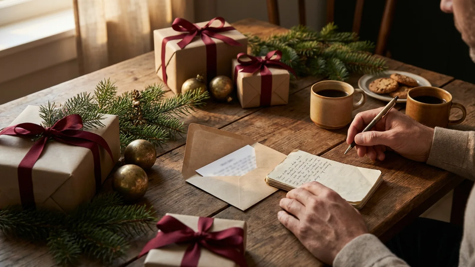 Mesa de cocina en navidad con paquetes envueltos, sobre con loteria y agenda abierta