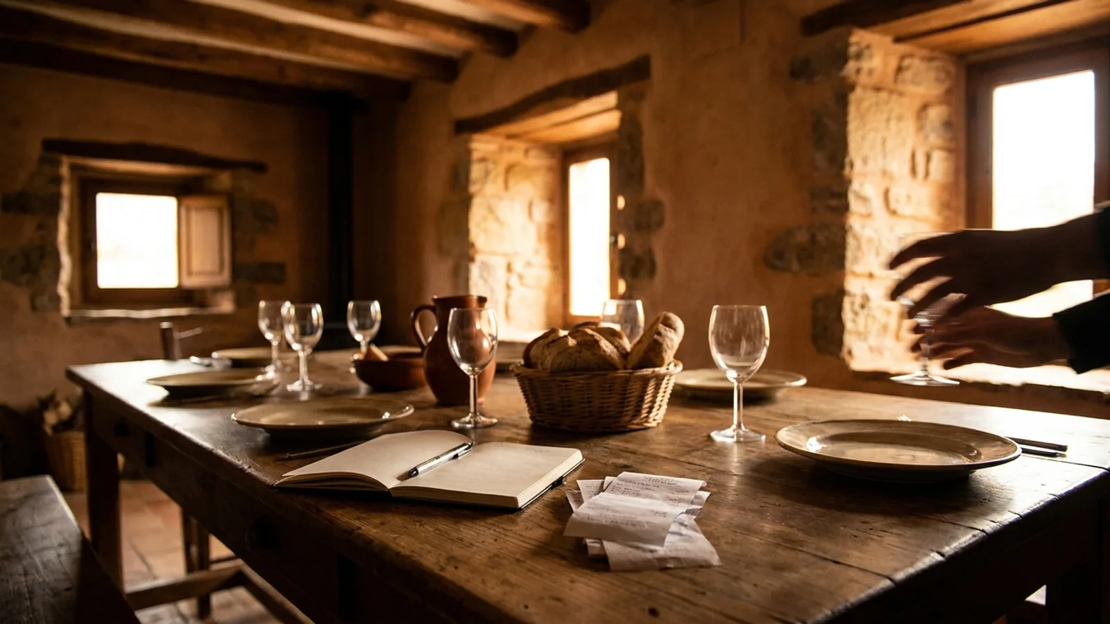 Mesa de madera de una casa rural con copas de vino, una cesta de pan y una libreta abierta, luz cálida de tarde
