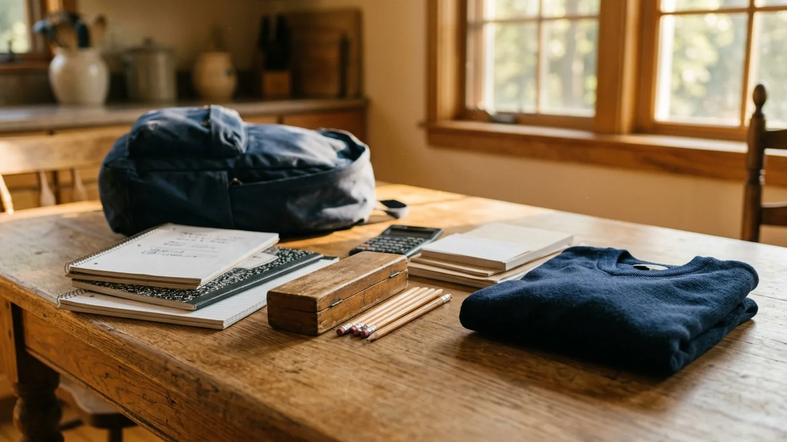 Kitchen table with notebooks, a backpack, pencils and books for the new school year.