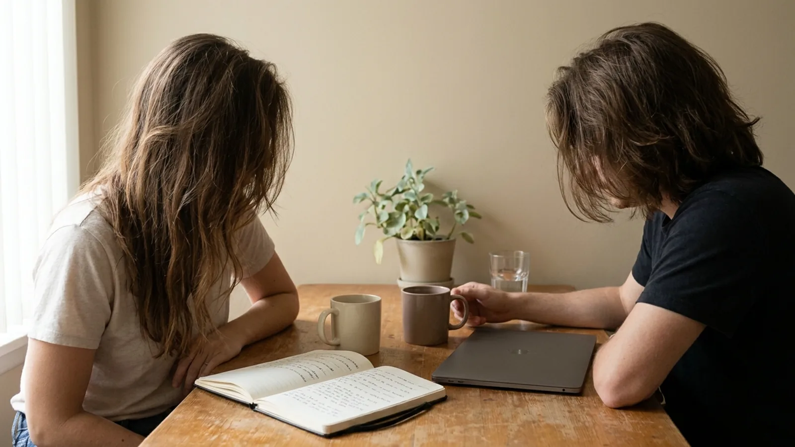 Pareja sentada en una mesa de cocina con tazas de café y un cuaderno revisando cuentas