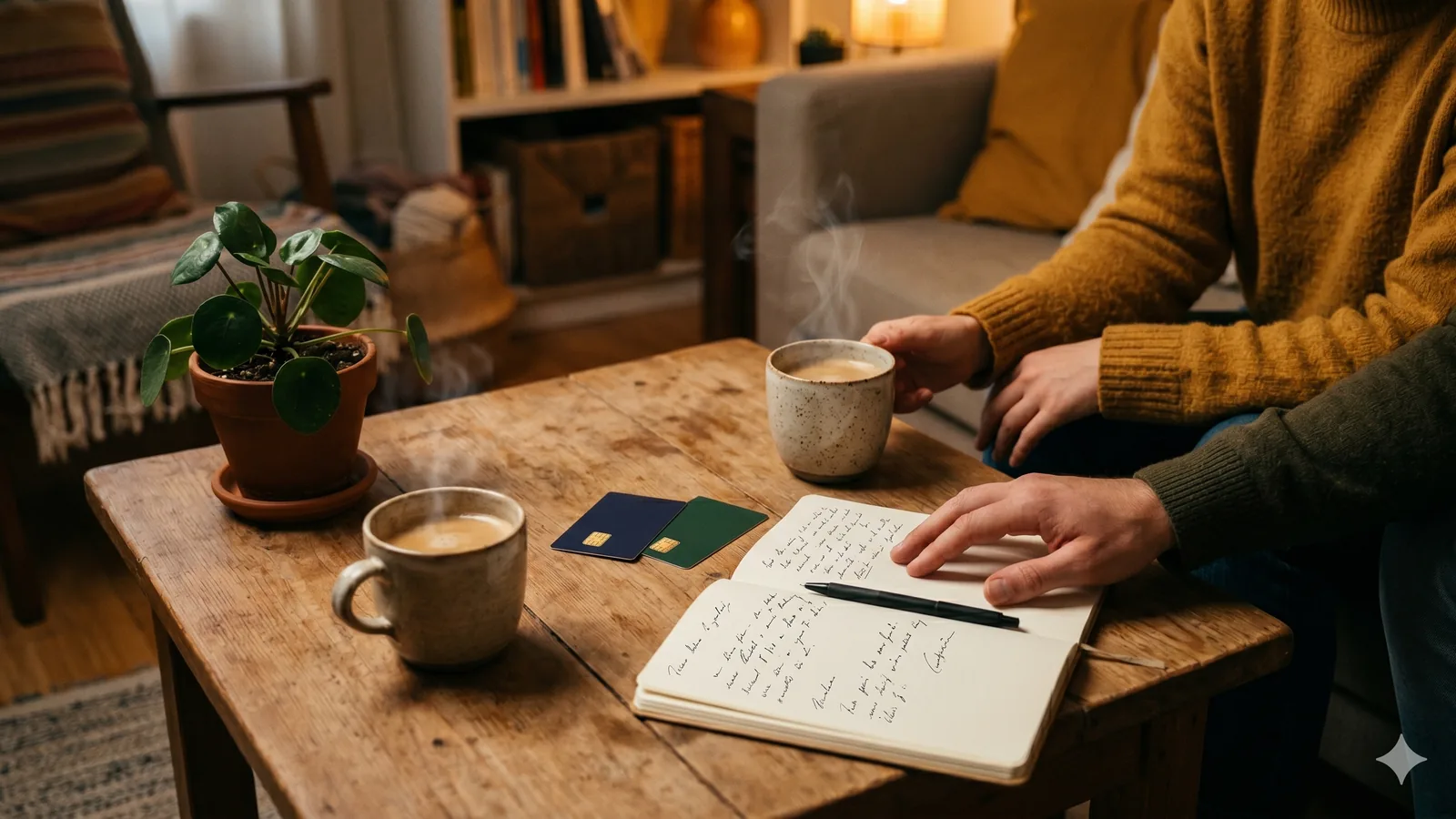 Mesa baja de un salon con dos cafes, una libreta abierta y dos tarjetas bancarias colocadas con calma
