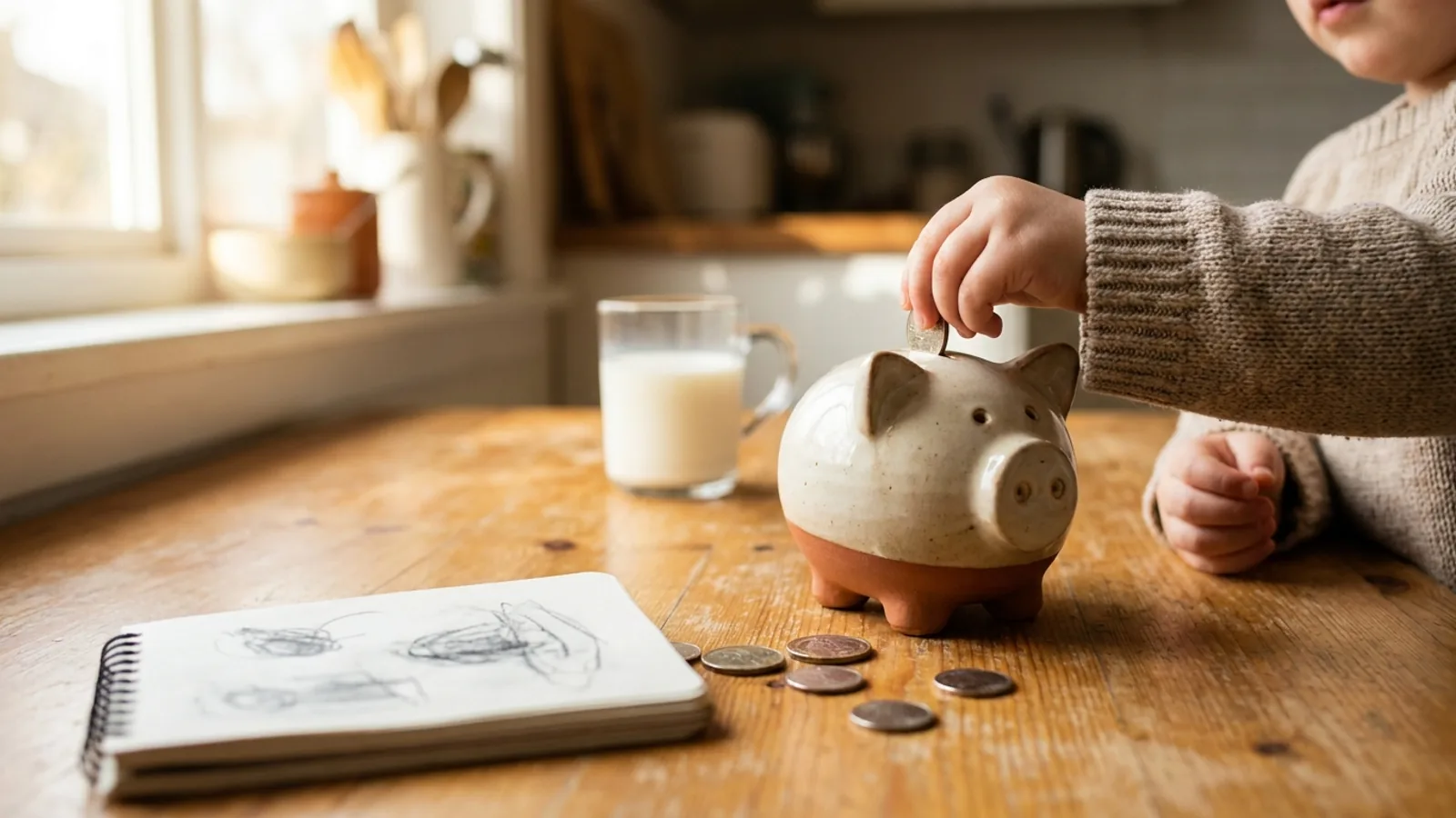 A child's hand putting a coin into a ceramic piggy bank on a wooden table