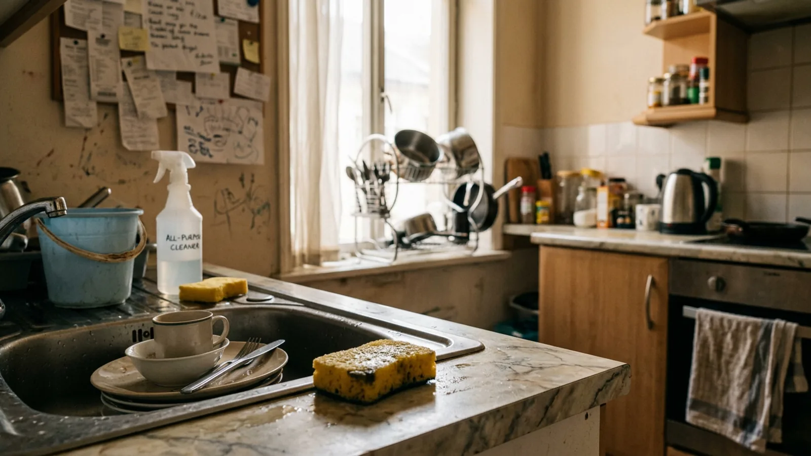 Cocina de piso compartido con utensilios de limpieza apoyados en la encimera y luz natural lateral