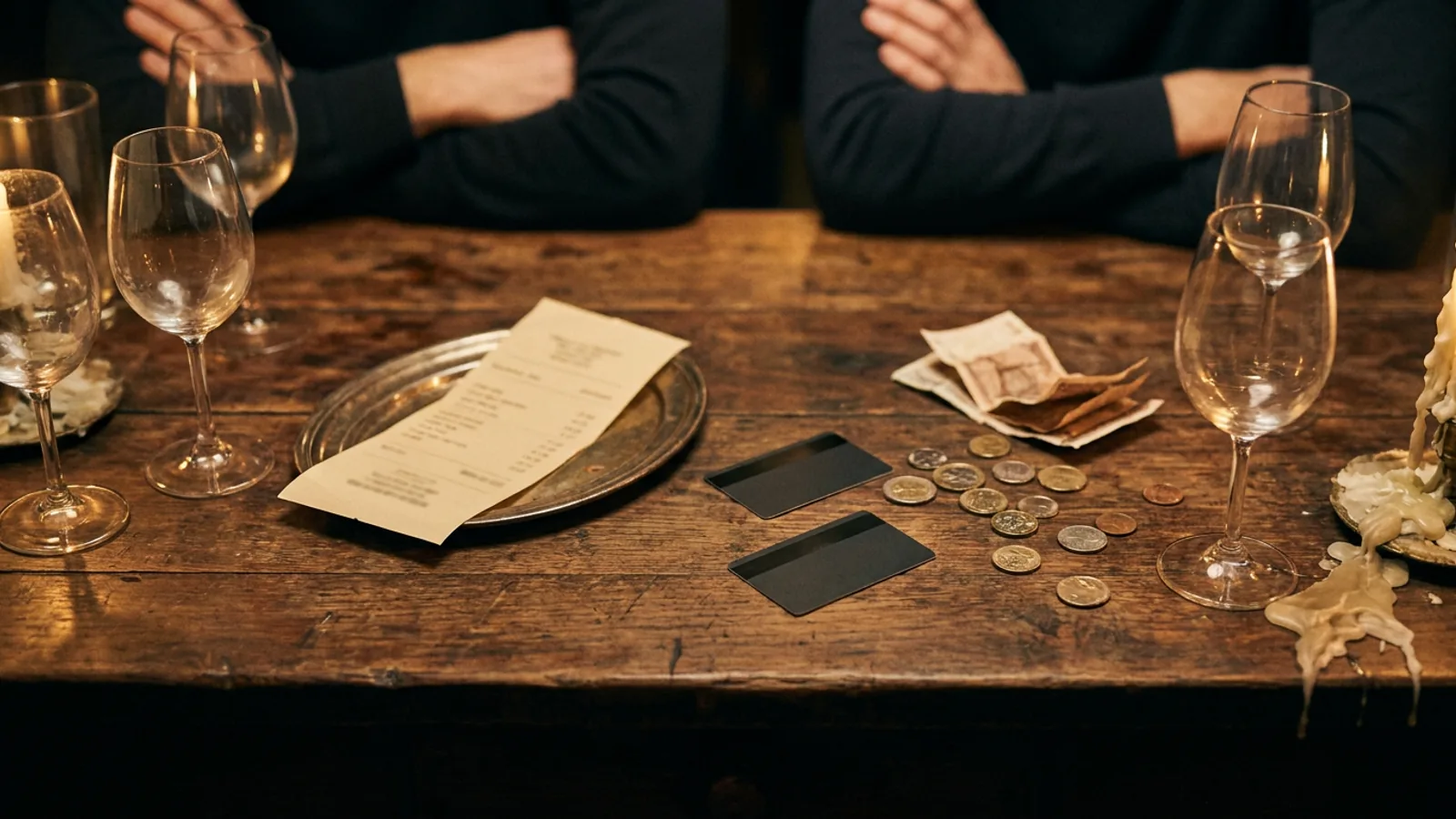 Restaurant bill next to several banknotes and a couple of cards on a tablecloth