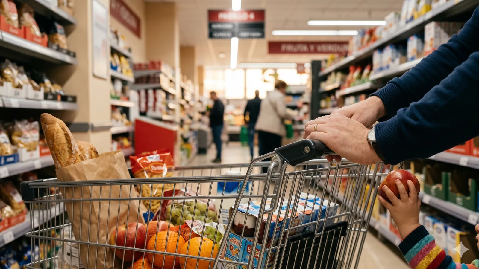 Carro de la compra familiar lleno de productos basicos y de meriendas infantiles en un pasillo de supermercado