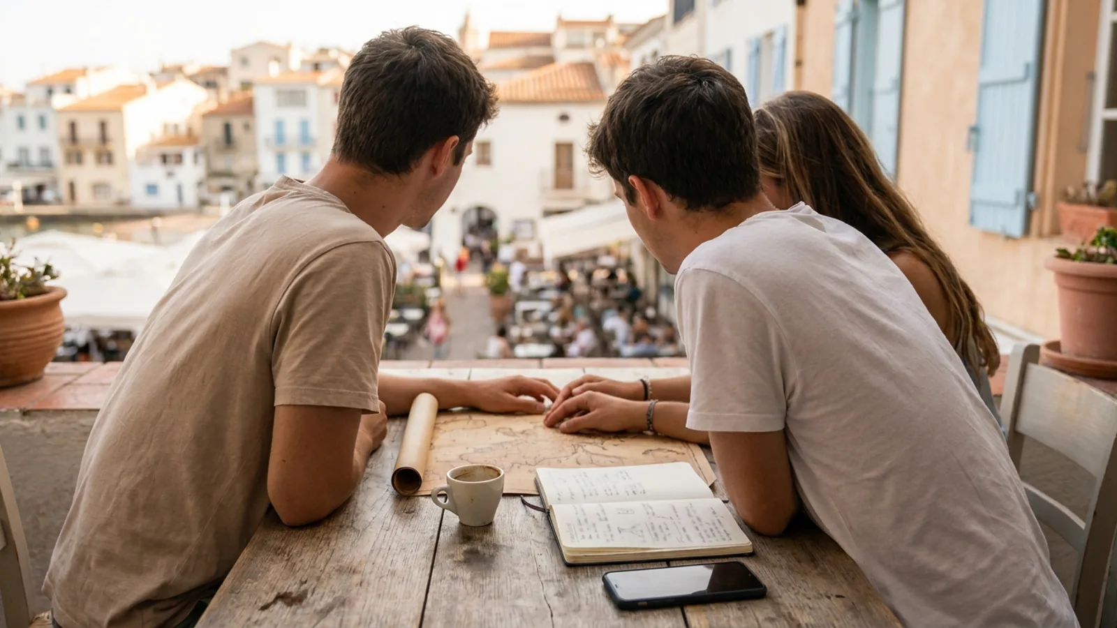 Pareja con maleta y mapa repasando un presupuesto de viaje en una mesa de cafetería