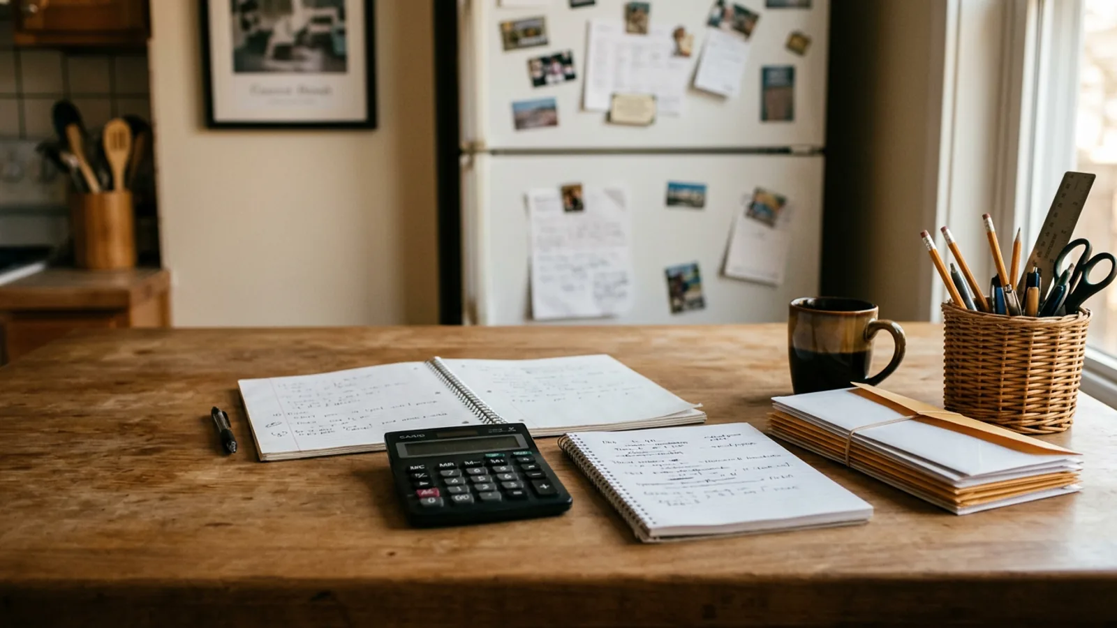 A kitchen table with envelopes, a calculator and two open notebooks next to blurred family photos in the background