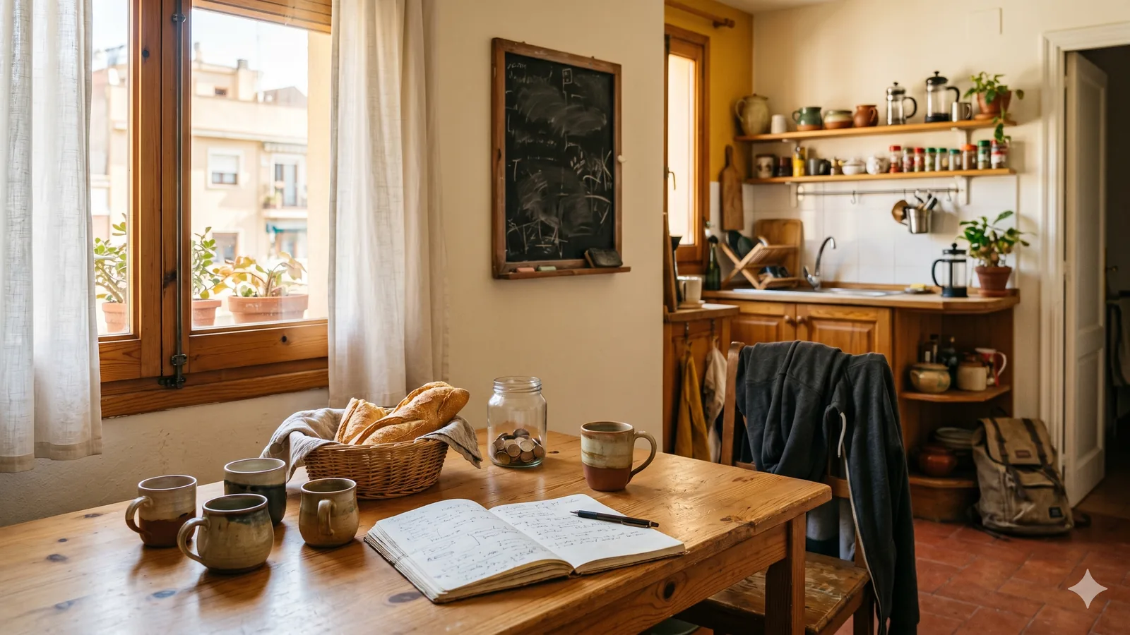 Cocina luminosa de un piso compartido con cuatro tazas, una libreta abierta y una pizarra con anotaciones