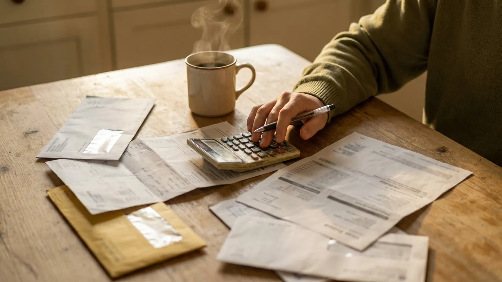 Utility bills on a shared kitchen table with a laptop beside them