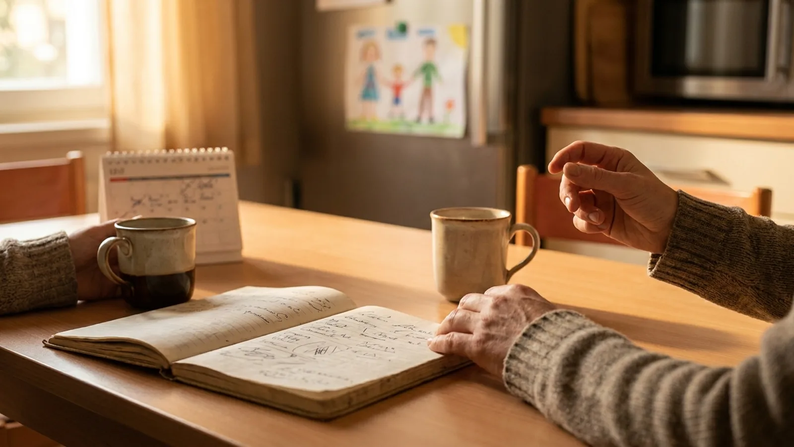 Mesa con dos tazas de cafe, cuaderno abierto y agenda, simbolizando una conversacion economica de pareja