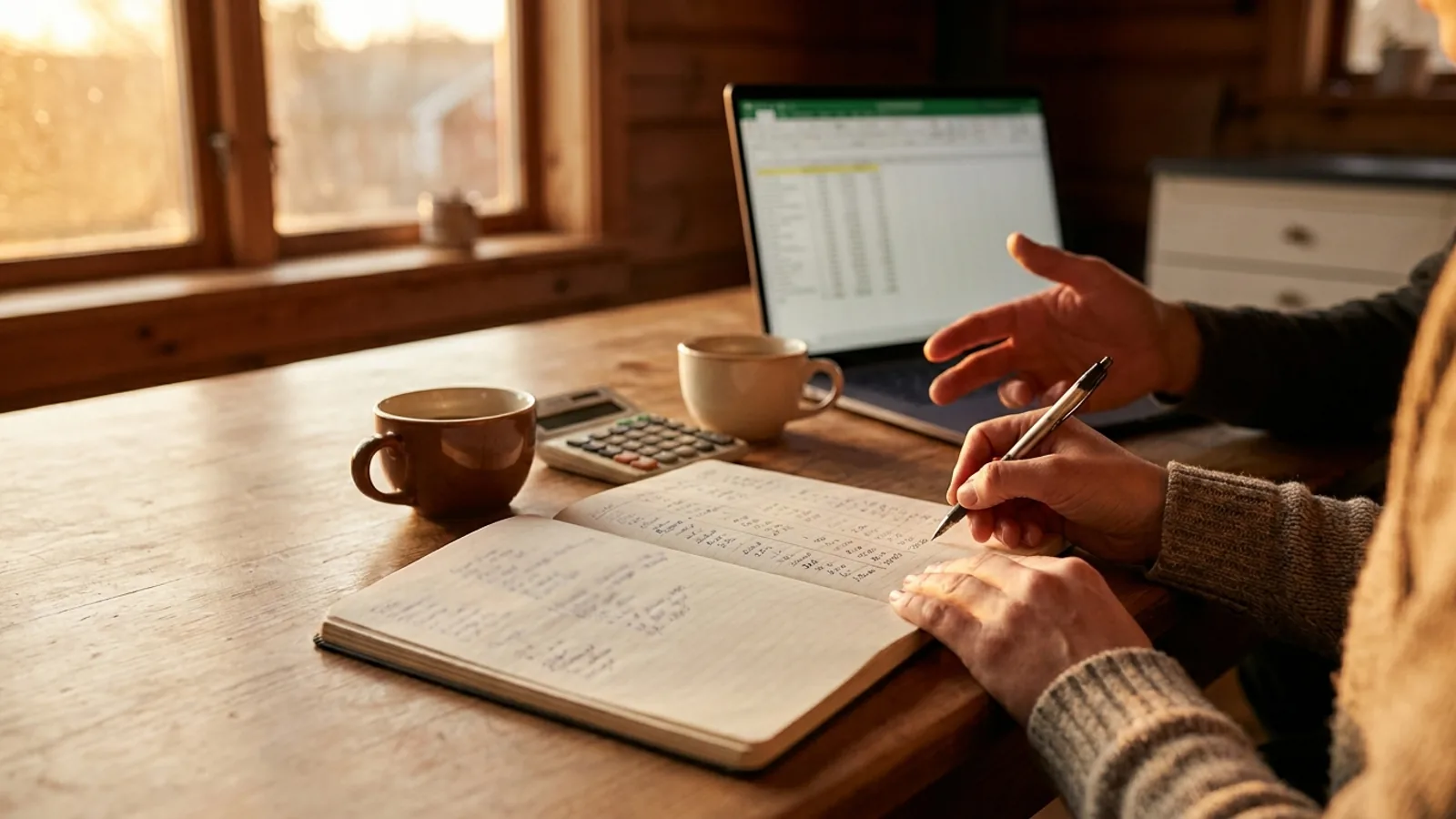 Mesa con un cuaderno de cuentas trimestral, calculadora y dos tazas de café, luz cálida de tarde.