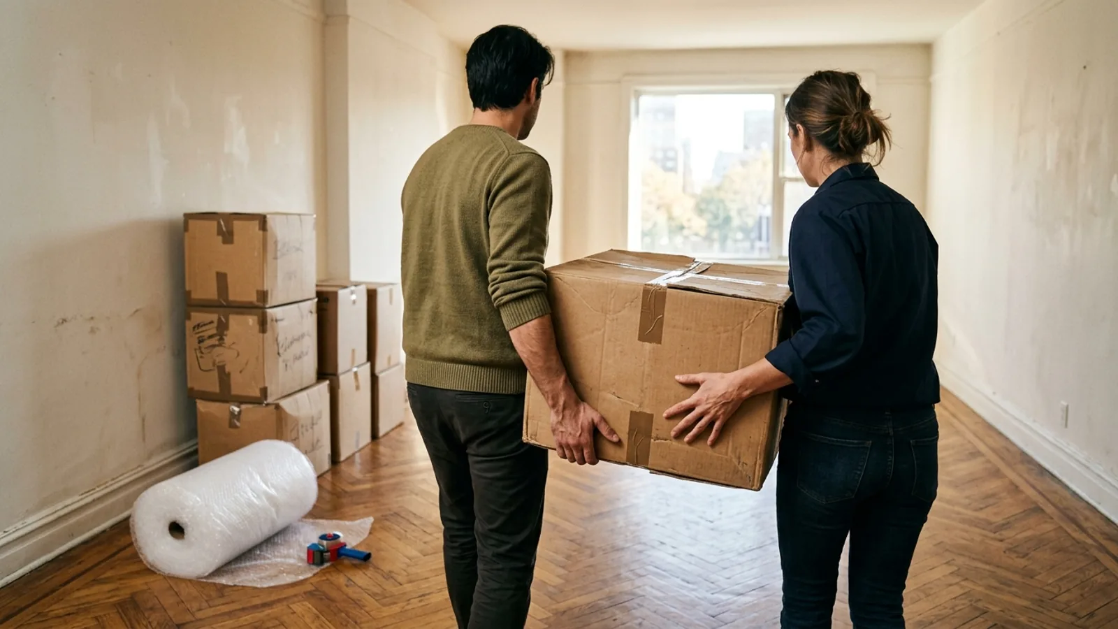 A couple carrying a cardboard box in an empty living room with a wooden floor and warm natural light.