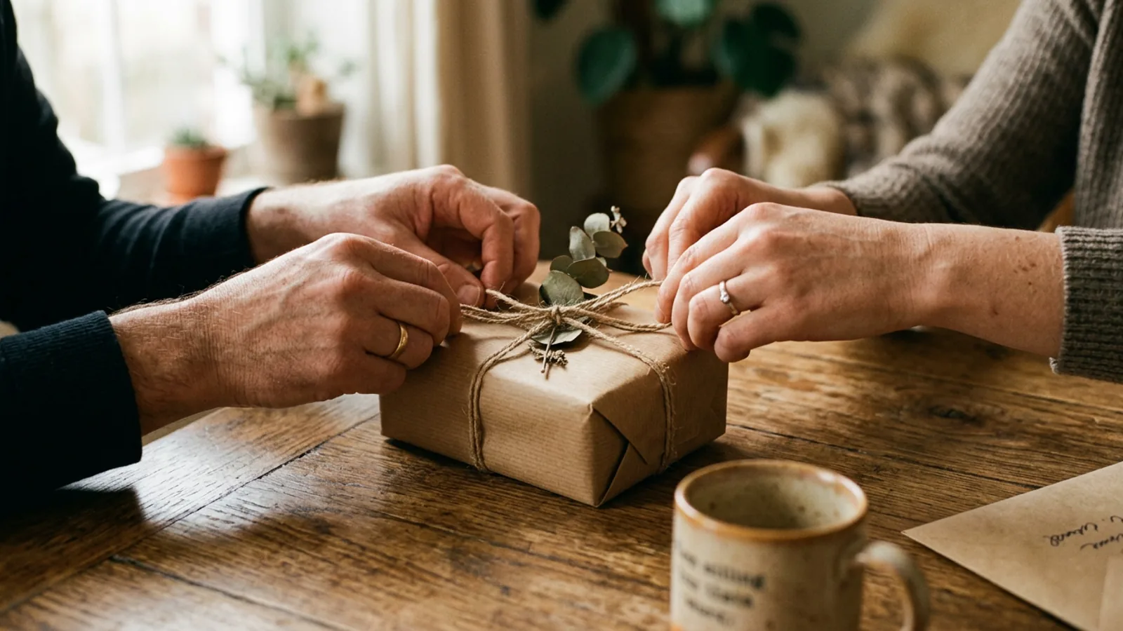 A couple wrapping a gift on a wooden table with kraft paper and tape, no visible branding