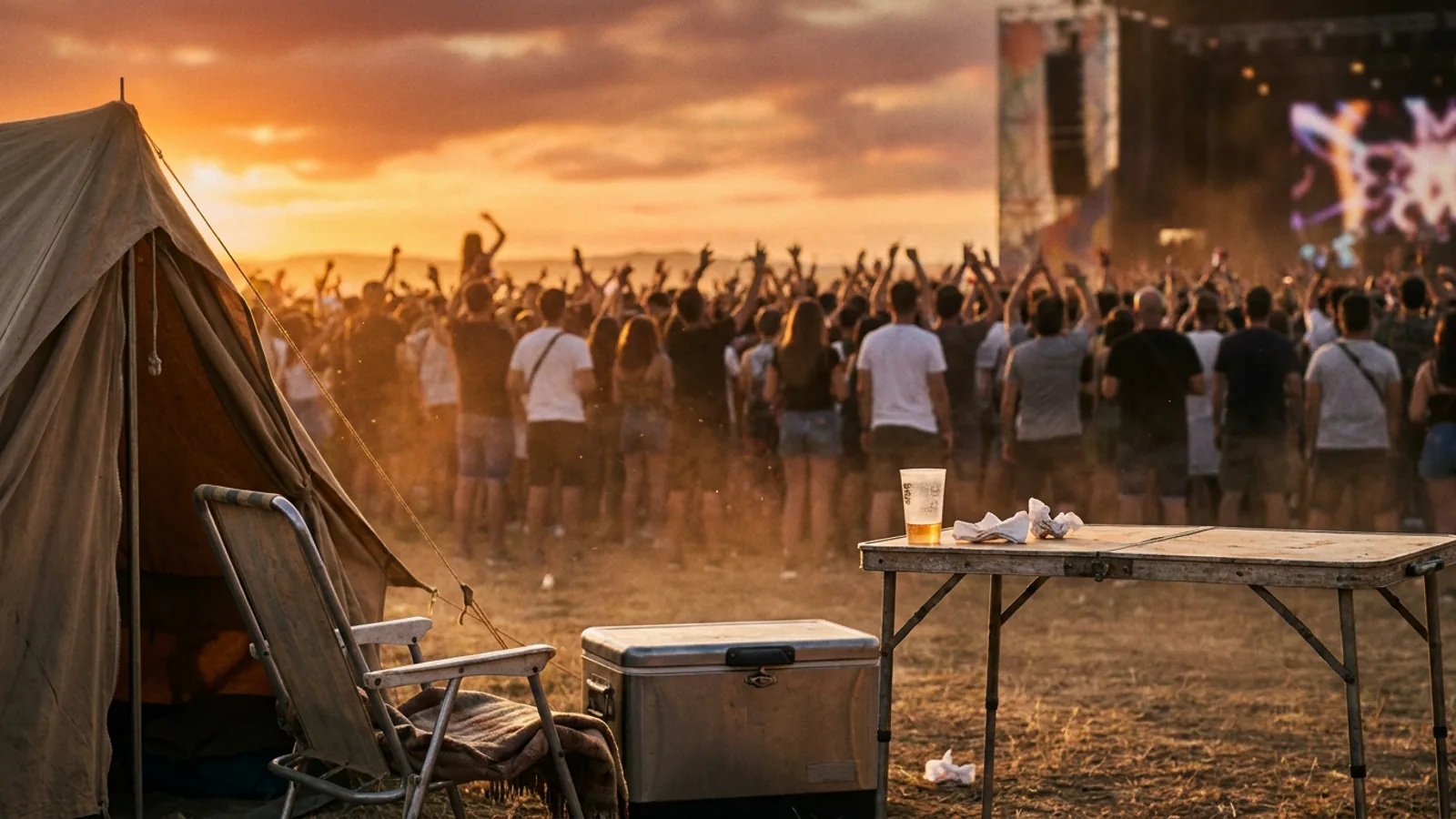 Grupo de amigos de espaldas frente a un escenario de festival al atardecer