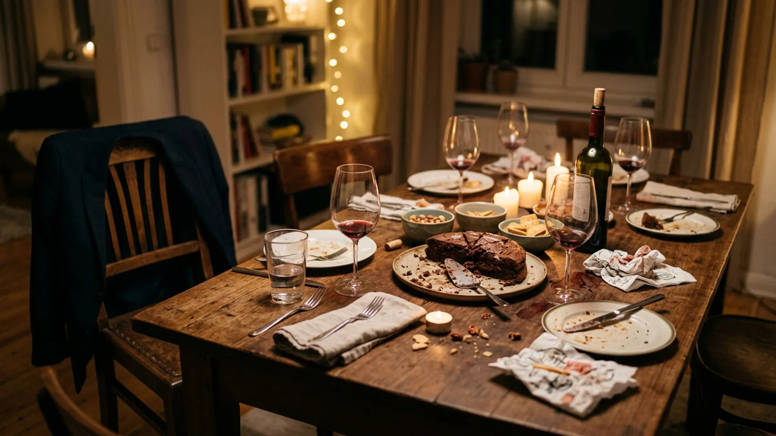 Mesa de salón de un piso compartido con copas, comida casera y luz cálida de fiesta nocturna.