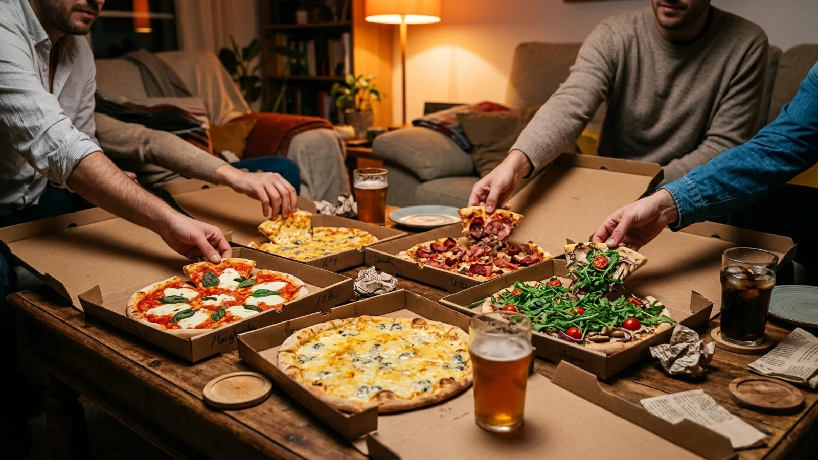 Cuatro cajas de pizza abiertas sobre una mesa baja con bebidas y manos sirviéndose porciones.