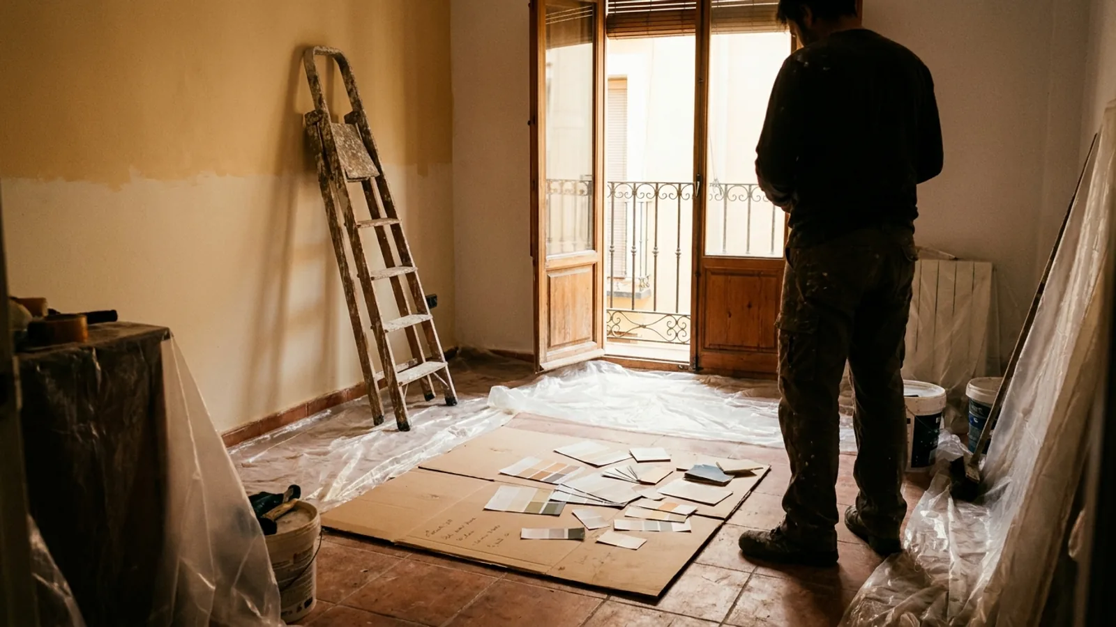 Salón de un piso a medio reformar con plásticos protectores, una escalera de pintor y muestrarios de pintura sobre el suelo