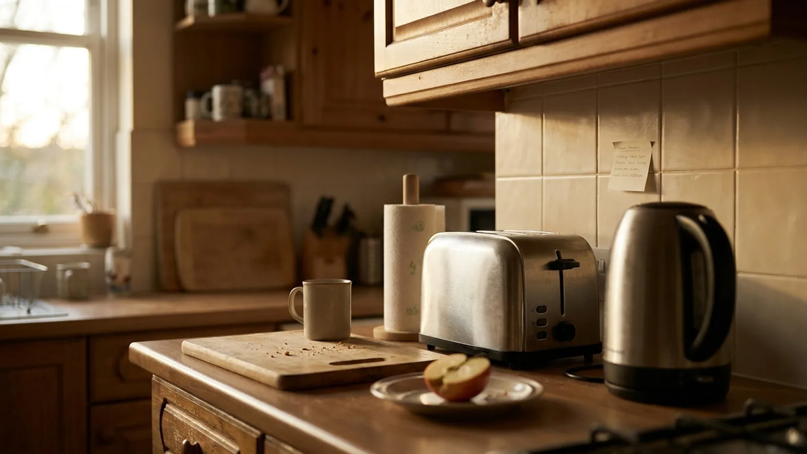Compact shared-flat kitchen with several small appliances on the worktop