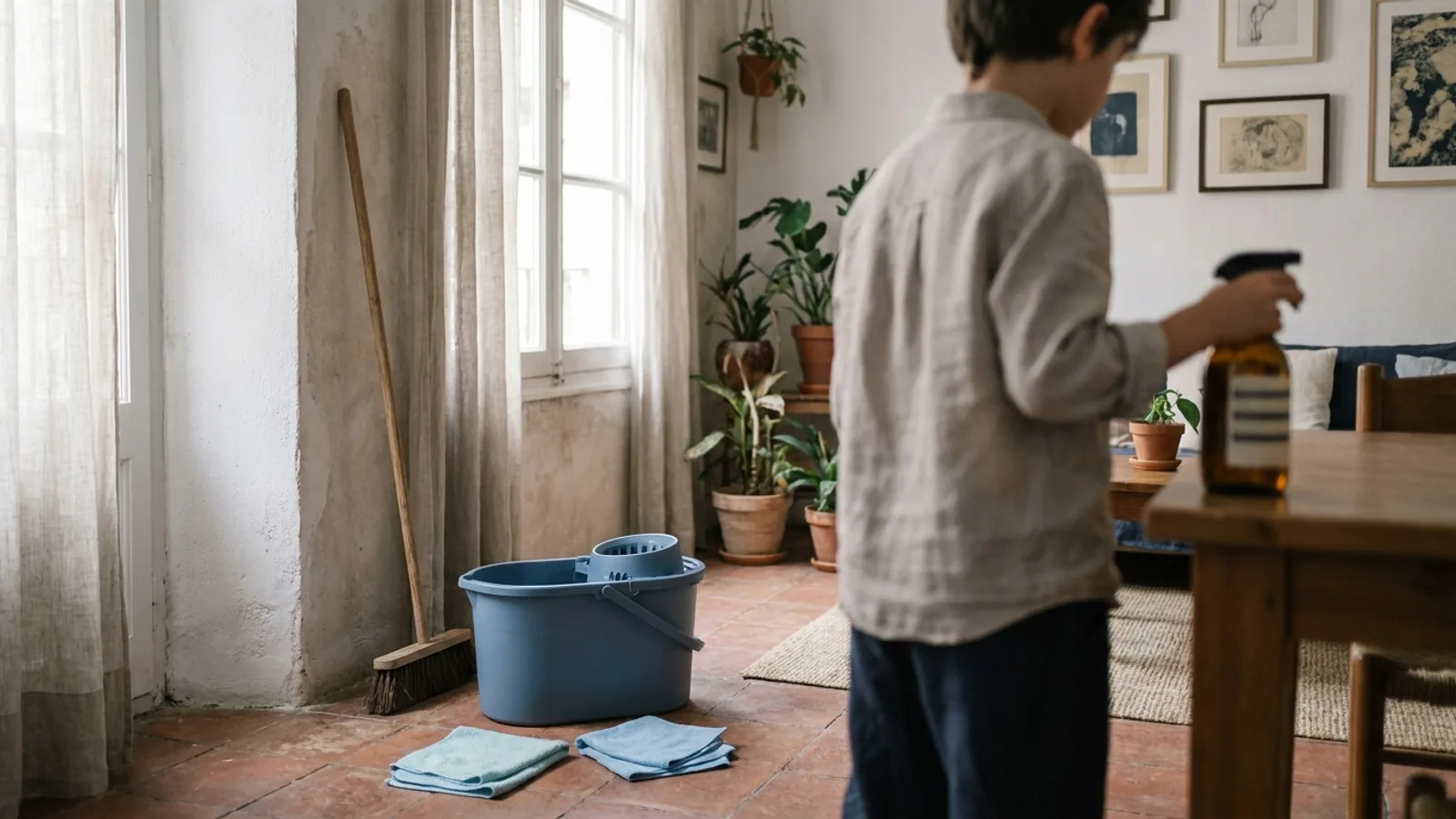 Mop bucket and folded cleaning cloths on the floor of a bright shared-flat living room.