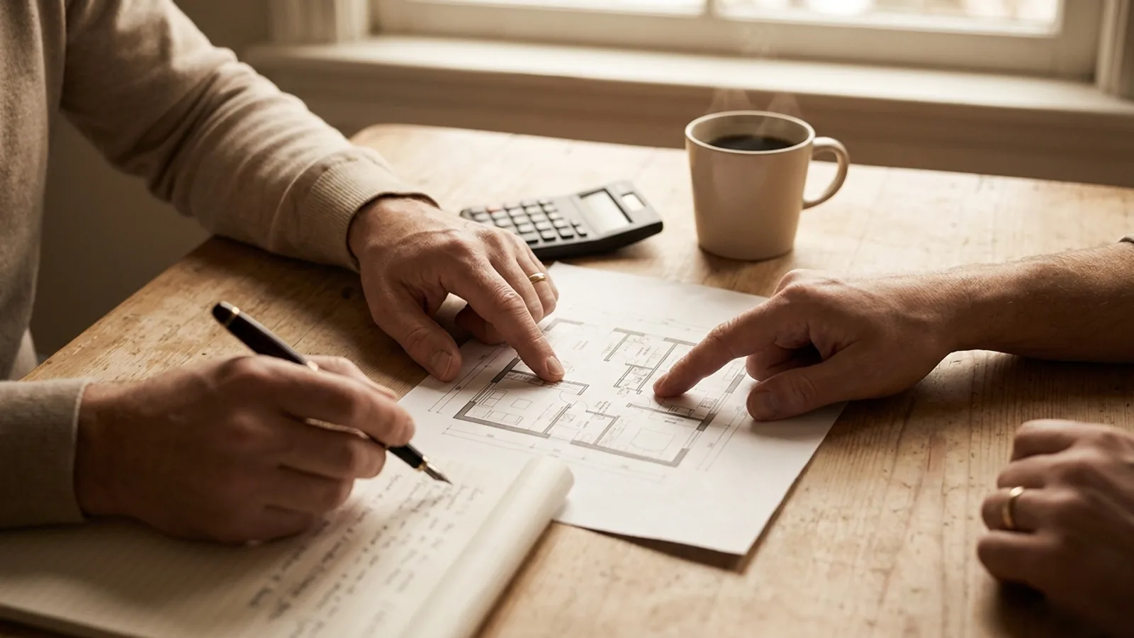 Hands over a table with floor plans of a flat and a calculator during a financial conversation