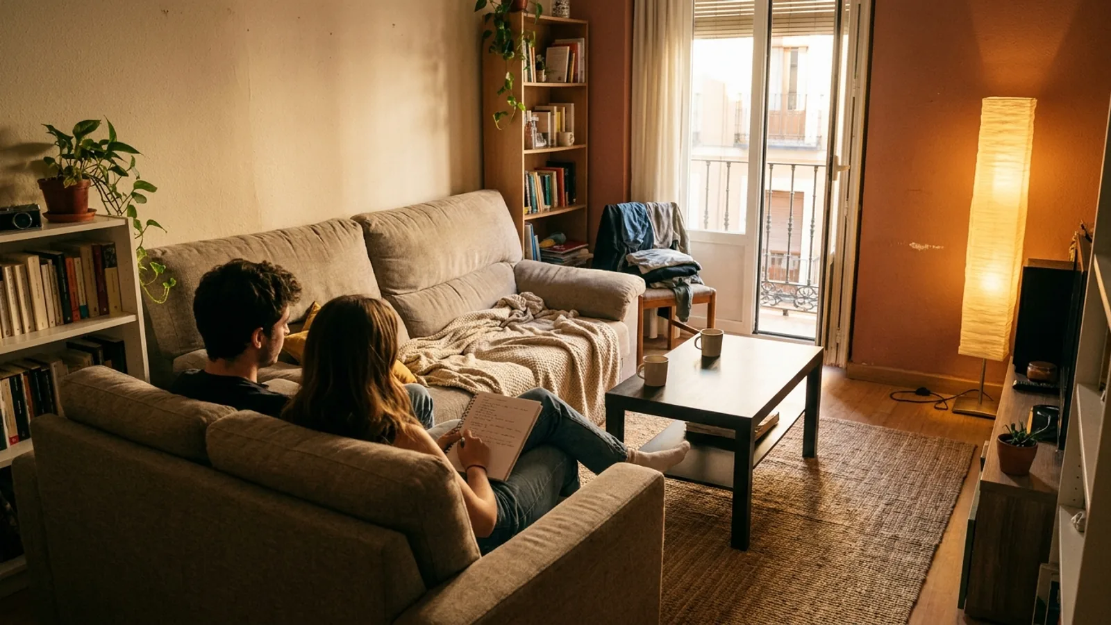 Salón de piso compartido con sofá, mesa baja y dos personas vistas de espaldas