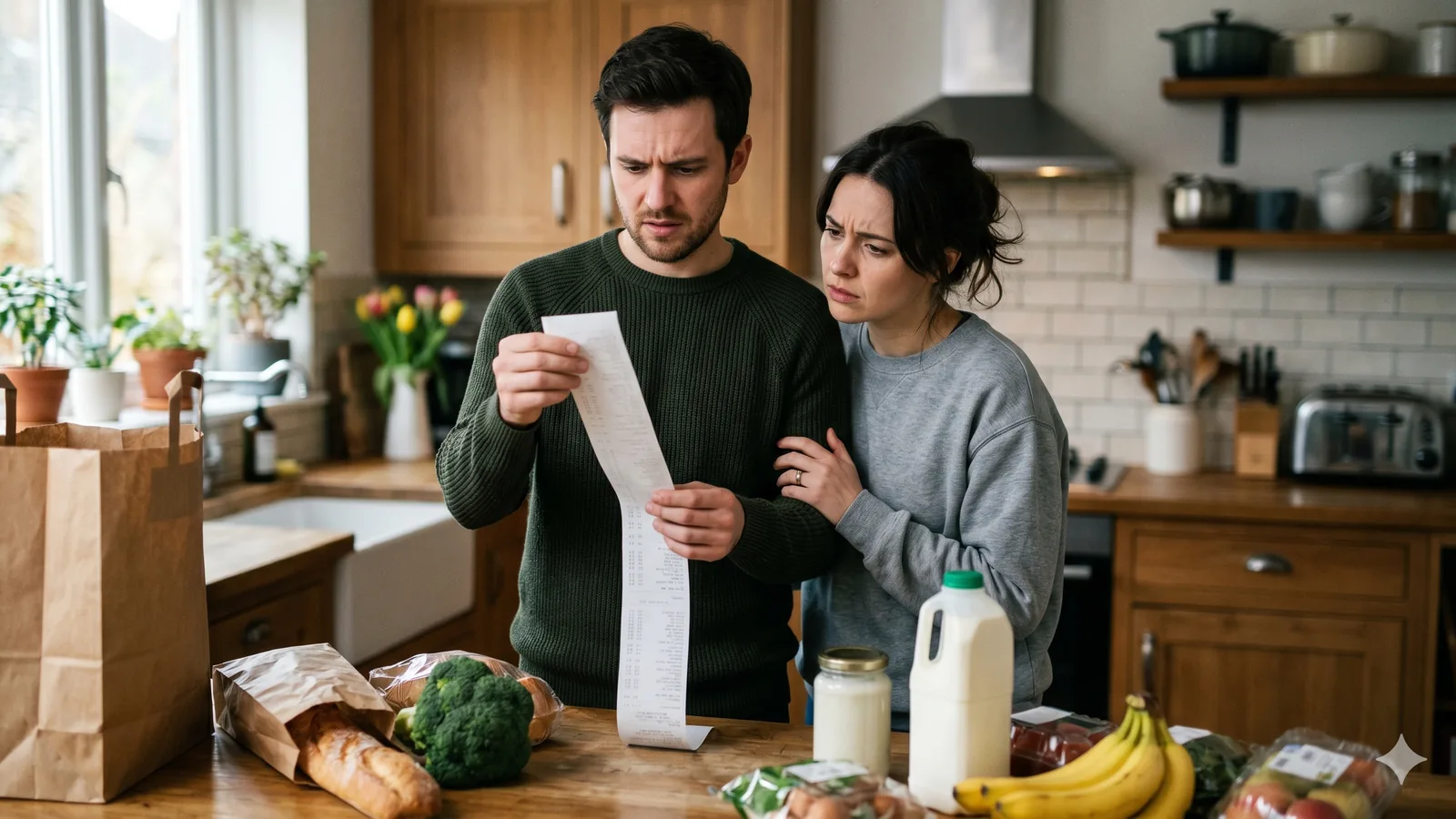 Pareja en cocina mirando preocupada un ticket largo de la compra