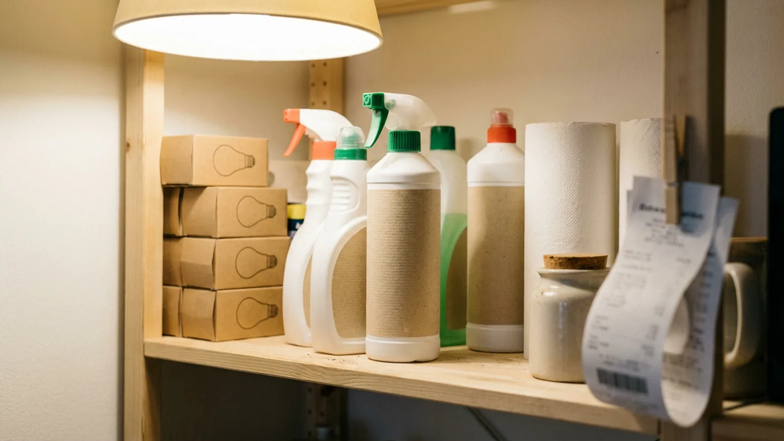 Shelf with cleaning products, toilet paper and light bulbs in neutral packaging in a shared kitchen
