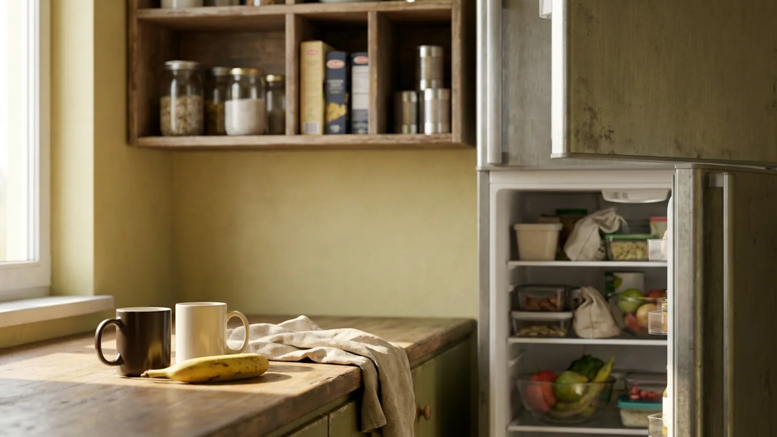 Cocina compartida con varios estantes etiquetados y productos separados por inquilino