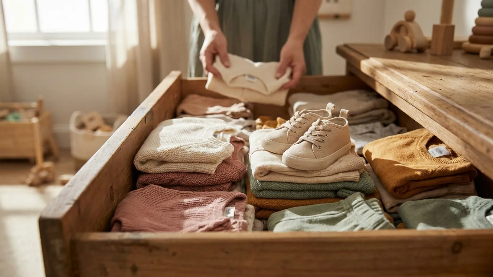 Cajón abierto con ropa infantil doblada por colores y un par de zapatillas pequeñas encima.