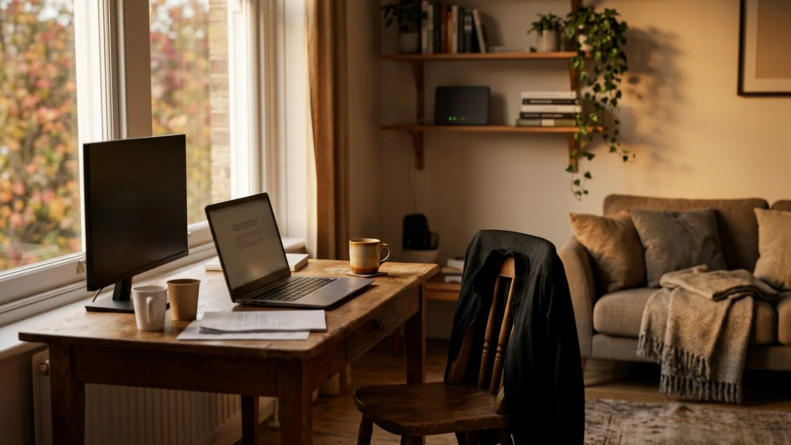 Shared-flat living-room table with an open laptop, a router and soft side light.