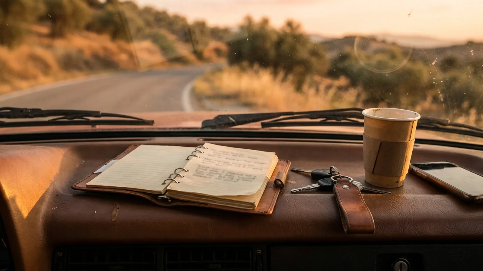 Car keys next to a notebook with expense notes on a dashboard at dusk