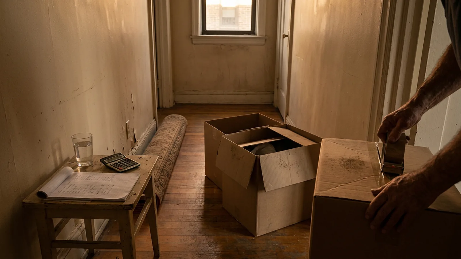 Cajas de mudanza en pasillo de piso compartido junto a una mesa con recibos y libreta