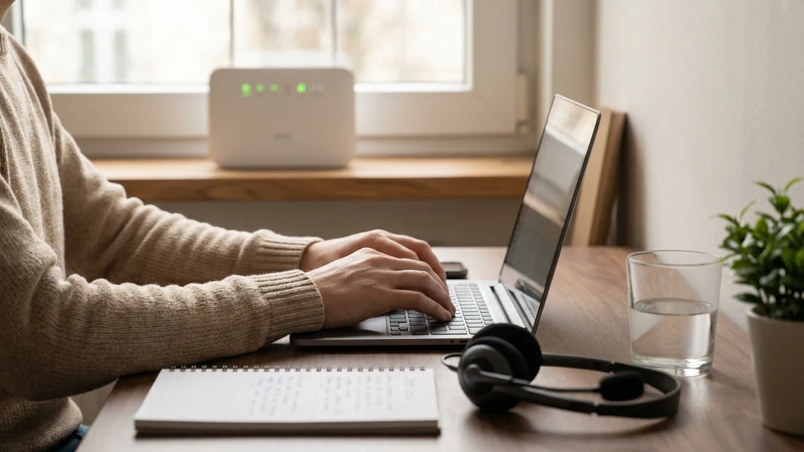 Espacio de teletrabajo con portátil sobre mesa de madera y router de fibra al fondo