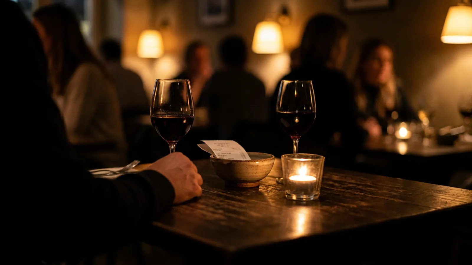 Mesa de restaurante con dos copas de vino tinto, un platito con la cuenta y una vela encendida en luz tenue de noche